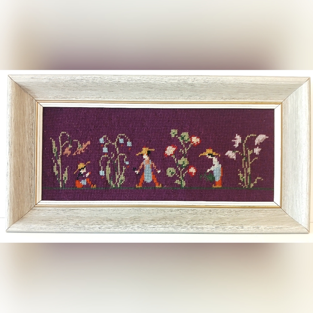 Vintage Framed Purple Needlepoint Art